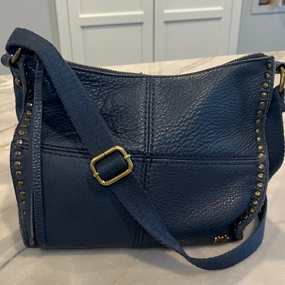 The Sak Navy Blue Leather Brass Rivet Detail Adjustable Crossbody Medium Bag